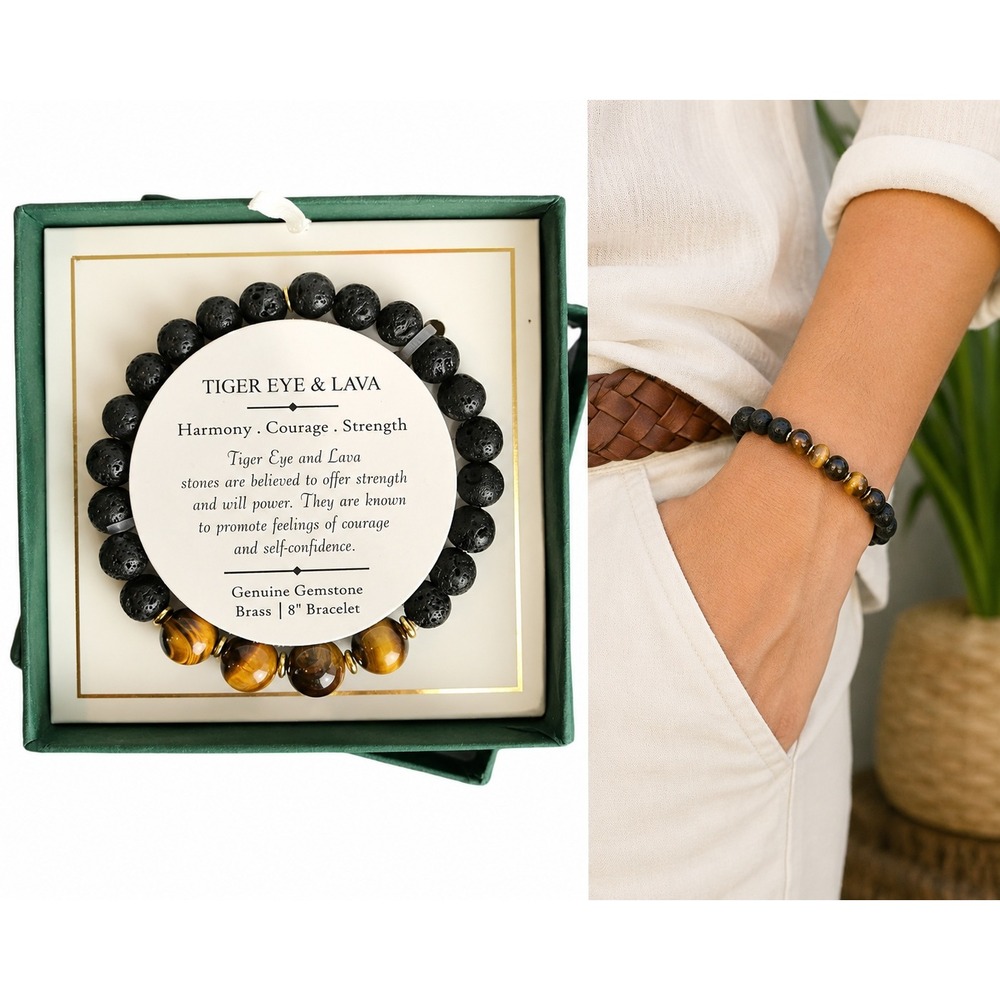 Shivam Bracelet Unisex 8" Black Tiger Eye‎ & Lava Gemstone Beaded Stretch Brass